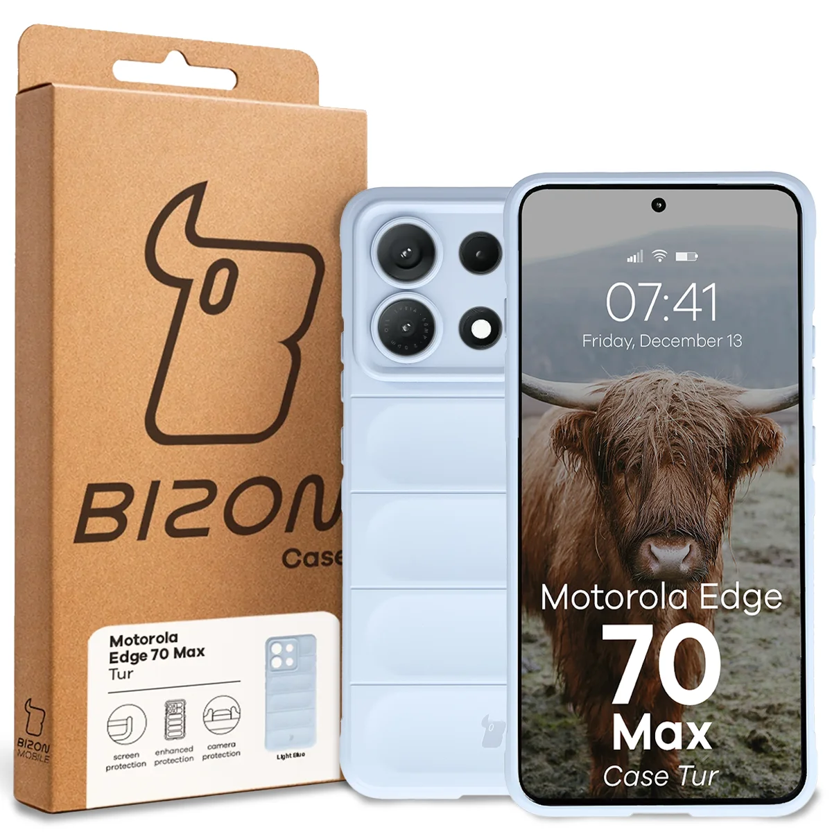Przód pudełka Bizon Case z dedykowaną etykietą do Motorola Edge 70 Max