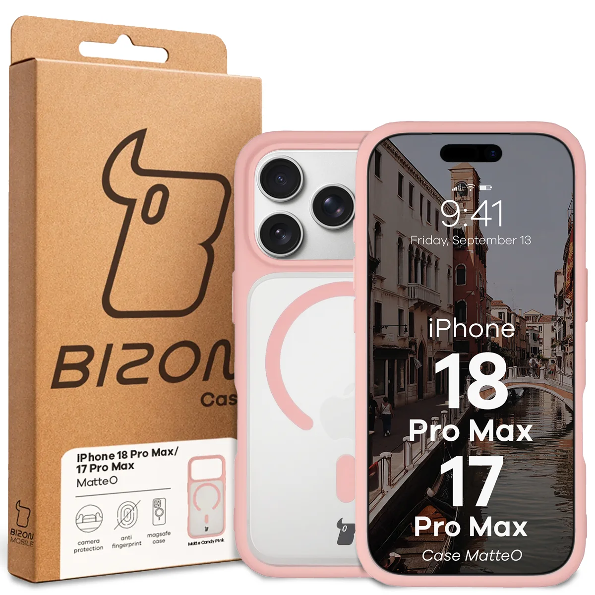 Przód pudełka Bizon Case z dedykowaną etykietą do iPhone 18 Pro Max / 17 Pro Max