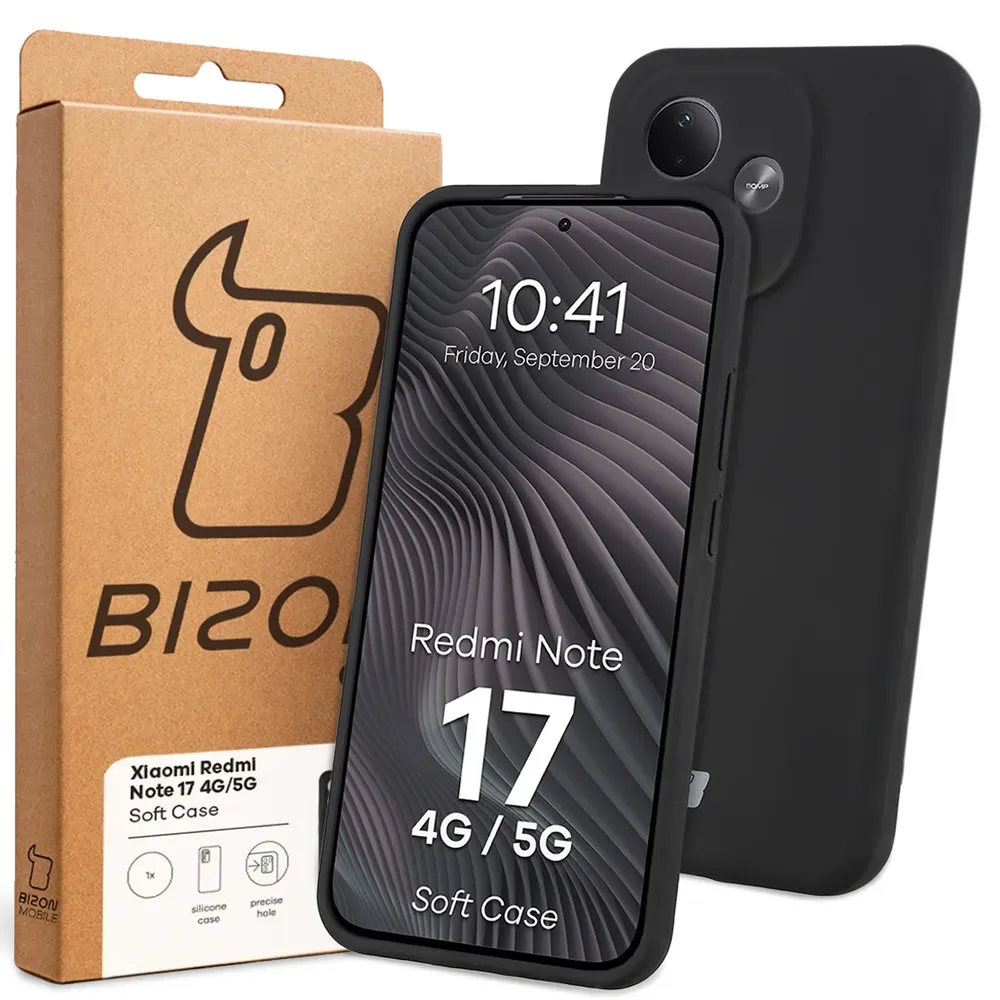 Przód pudełka Bizon Case z dedykowaną etykietą do Xiaomi Redmi Note 17 4G/5G