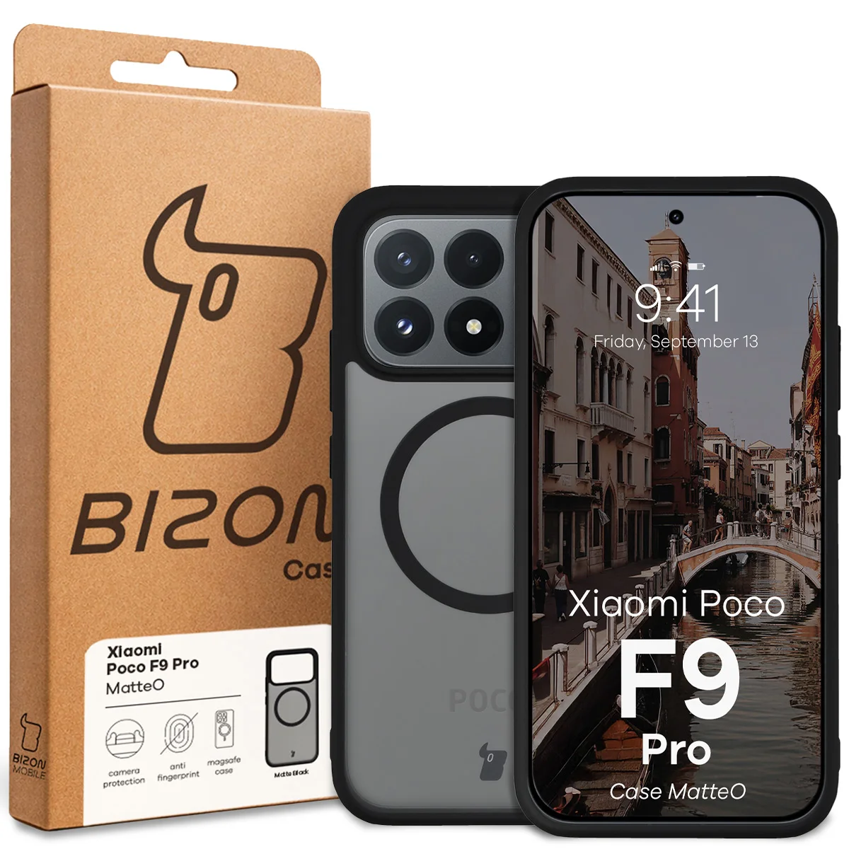 Przód pudełka Bizon Case z dedykowaną etykietą do Xiaomi POCO F9 Pro