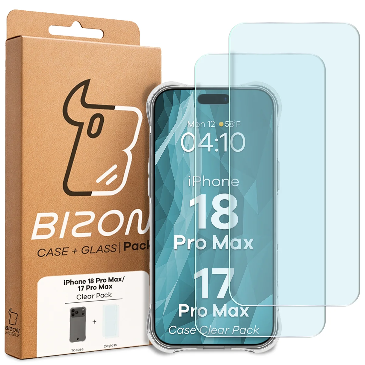 Przód pudełka Bizon Case+Glass z dedykowaną etykietą do iPhone 18 Pro Max / 17 Pro Max