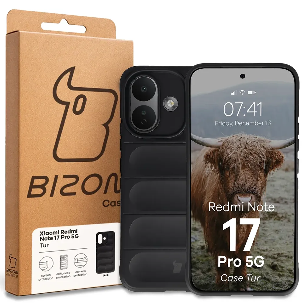 Przód pudełka Bizon Case z dedykowaną etykietą do Xiaomi Redmi Note 17 Pro 5G