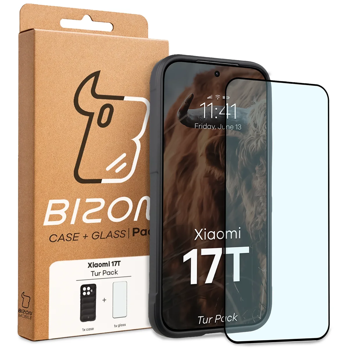 Przód pudełka Bizon Tur Pack z dedykowaną etykietą do Xiaomi 17T