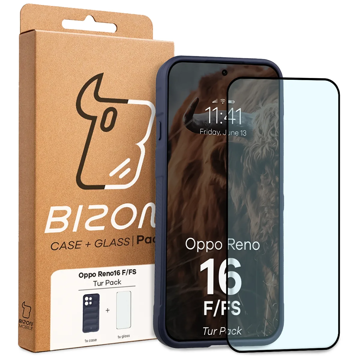 Przód pudełka Bizon Tur Pack z dedykowaną etykietą do OPPO Reno16 F, OPPO Reno16 FS