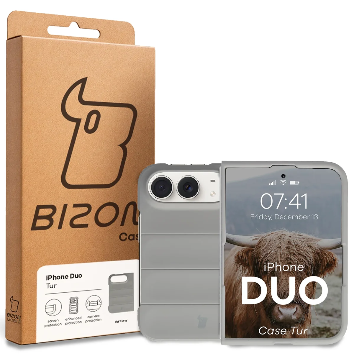 Przód pudełka Bizon Case z dedykowaną etykietą do iPhone Duo