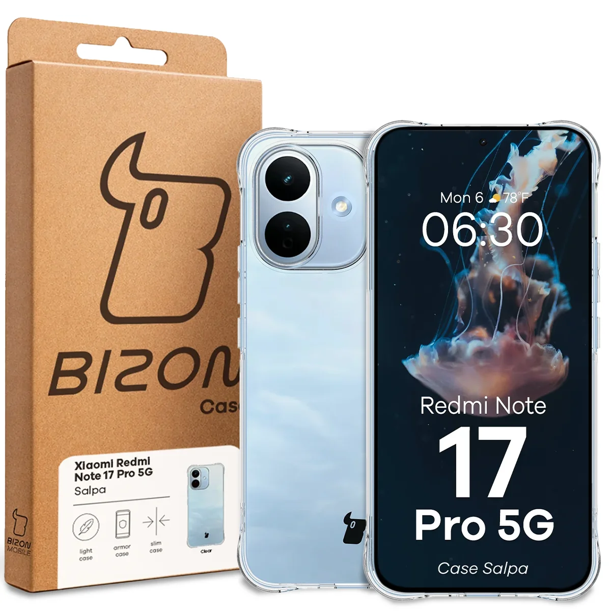 Przód pudełka Bizon Case z dedykowaną etykietą do Xiaomi Redmi Note 17 Pro 5G