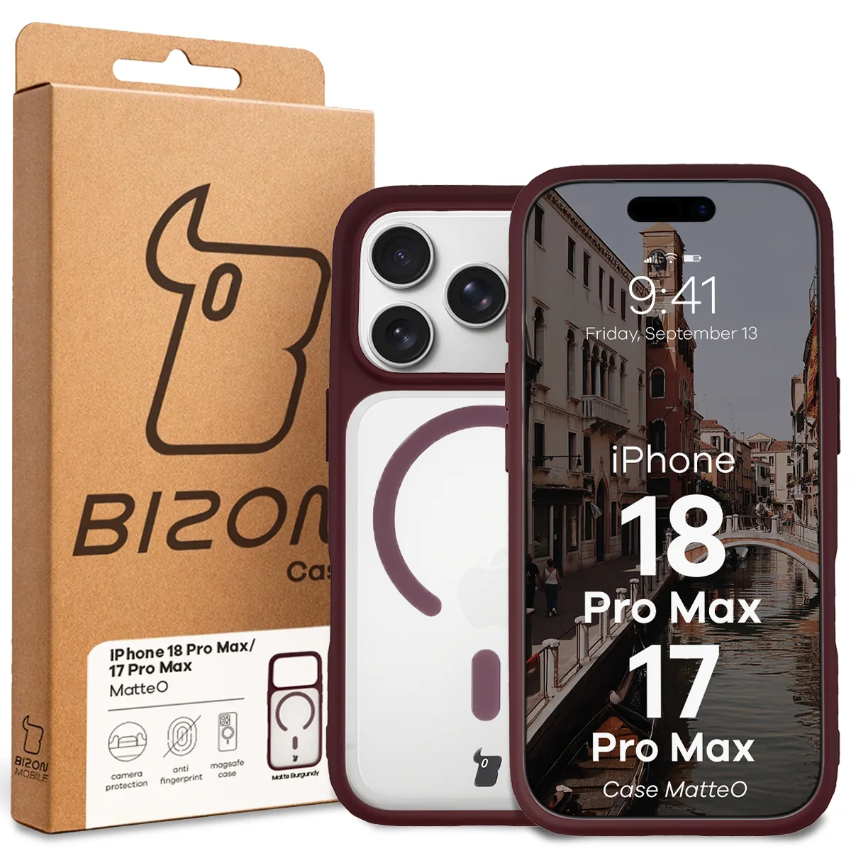 Przód pudełka Bizon Case z dedykowaną etykietą do iPhone 18 Pro Max / 17 Pro Max
