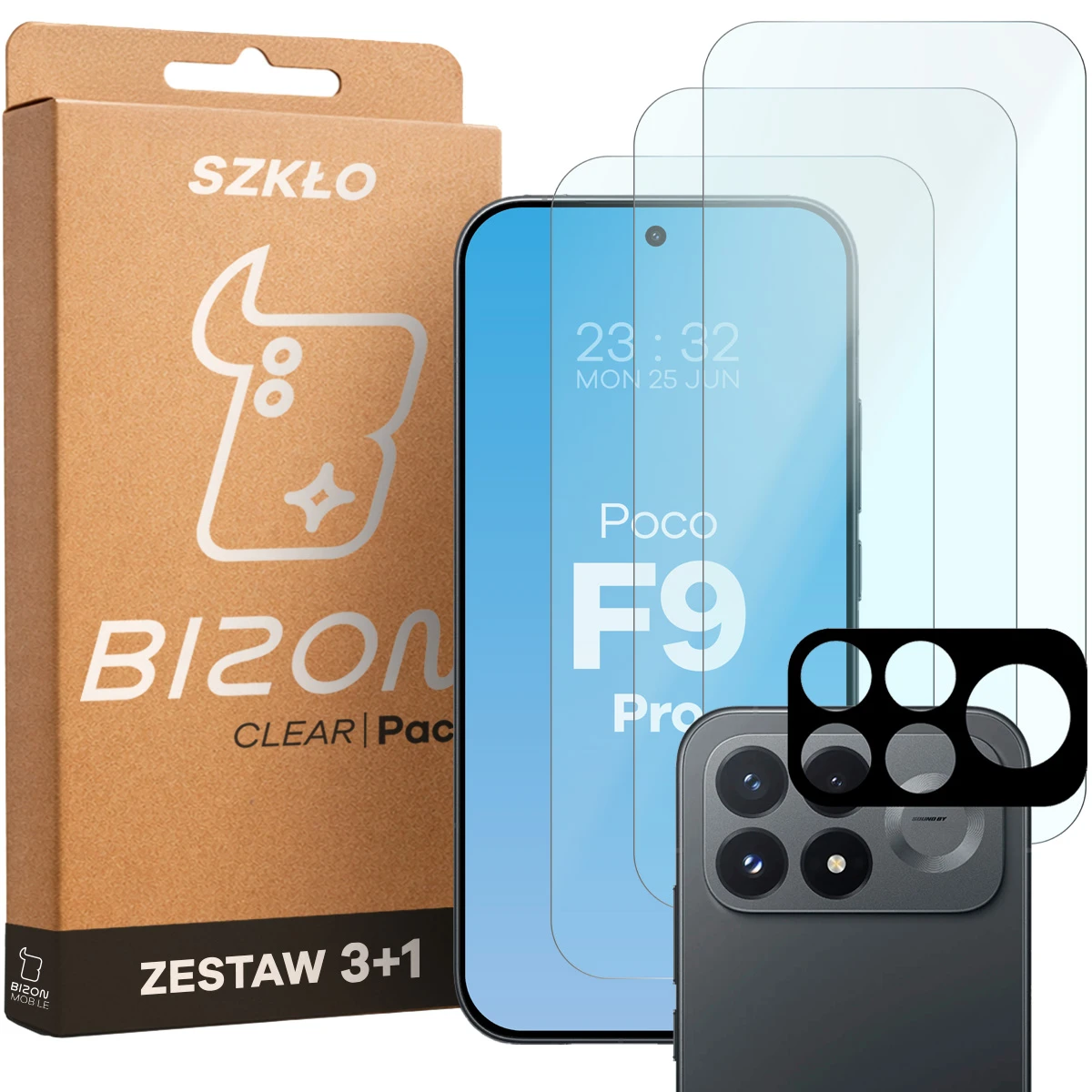 Pudełko i zestaw szkieł do Xiaomi POCO F9 Pro: 3x szkło hartowane i lens