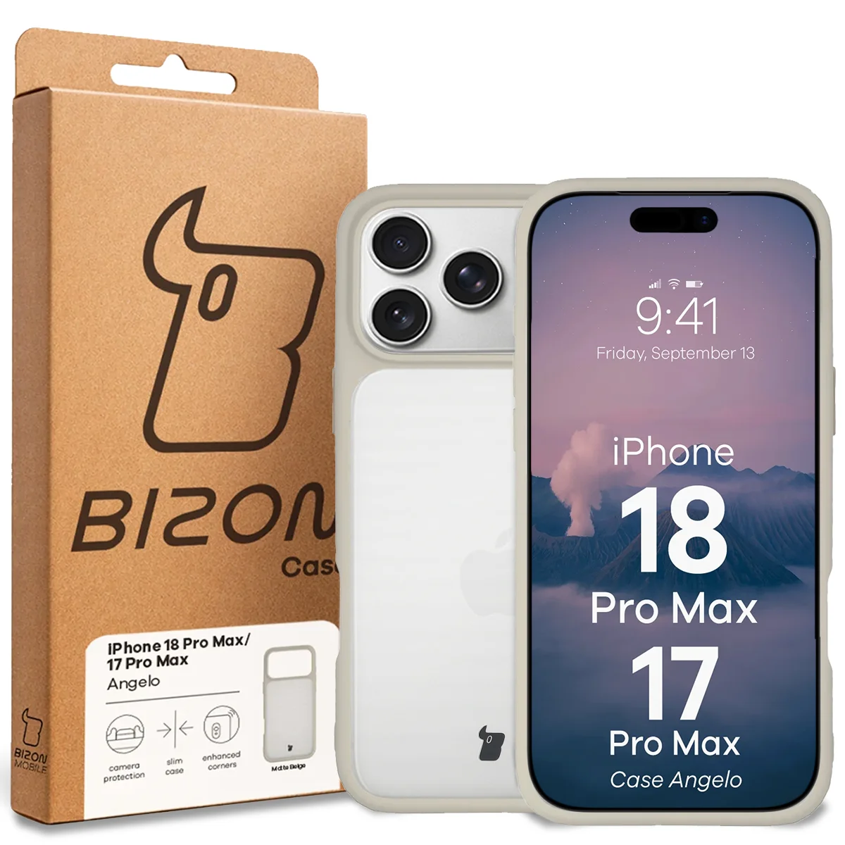 Przód pudełka Bizon Case z dedykowaną etykietą do iPhone 18 Pro Max / 17 Pro Max