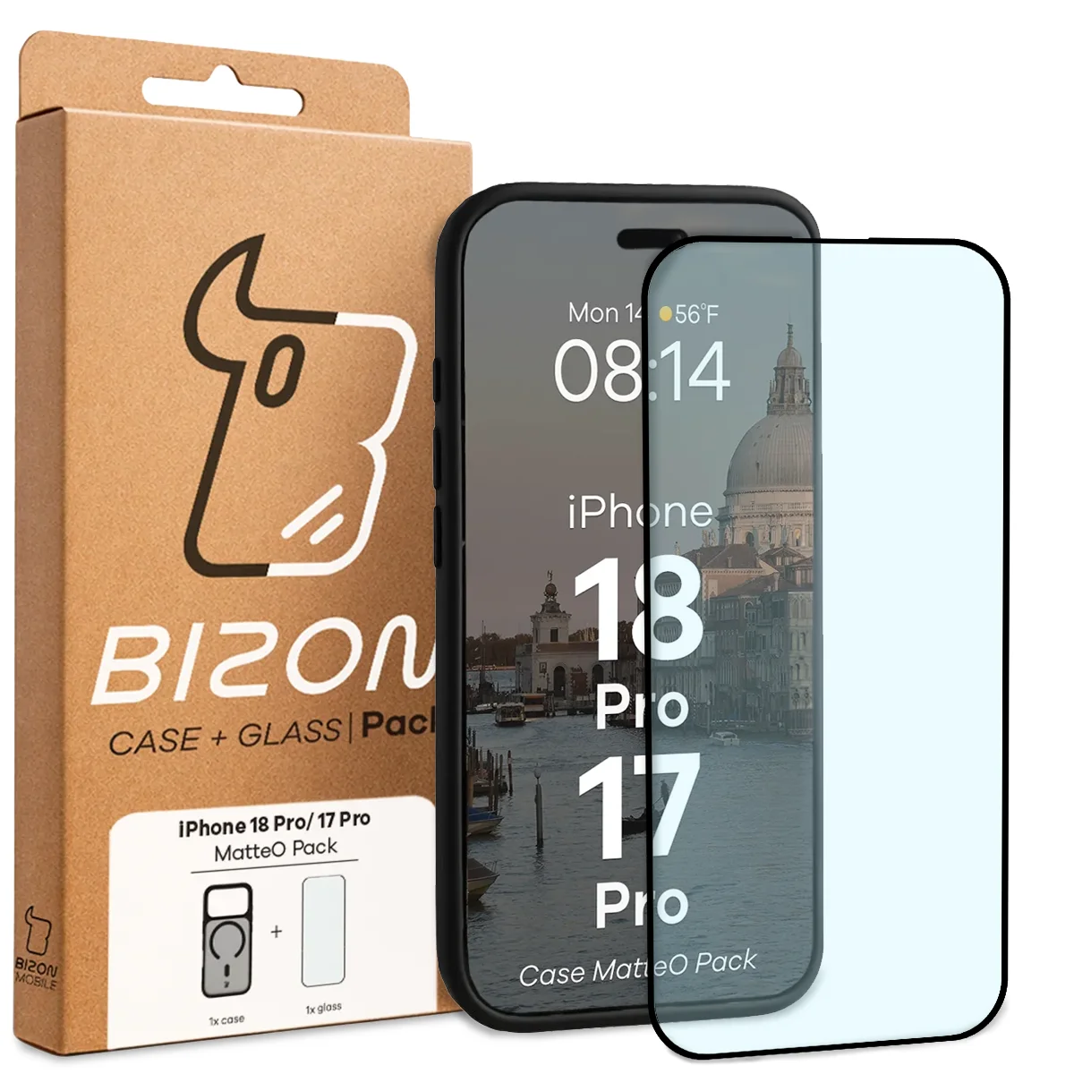 Przód pudełka Bizon Case Matteo Pack z dedykowaną etykietą do iPhone 18 Pro / 17 Pro