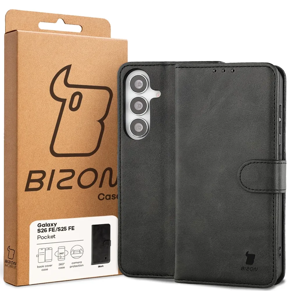 Przód pudełka Bizon Case z dedykowaną etykietą do Galaxy S25 FE, Galaxy S26 FE