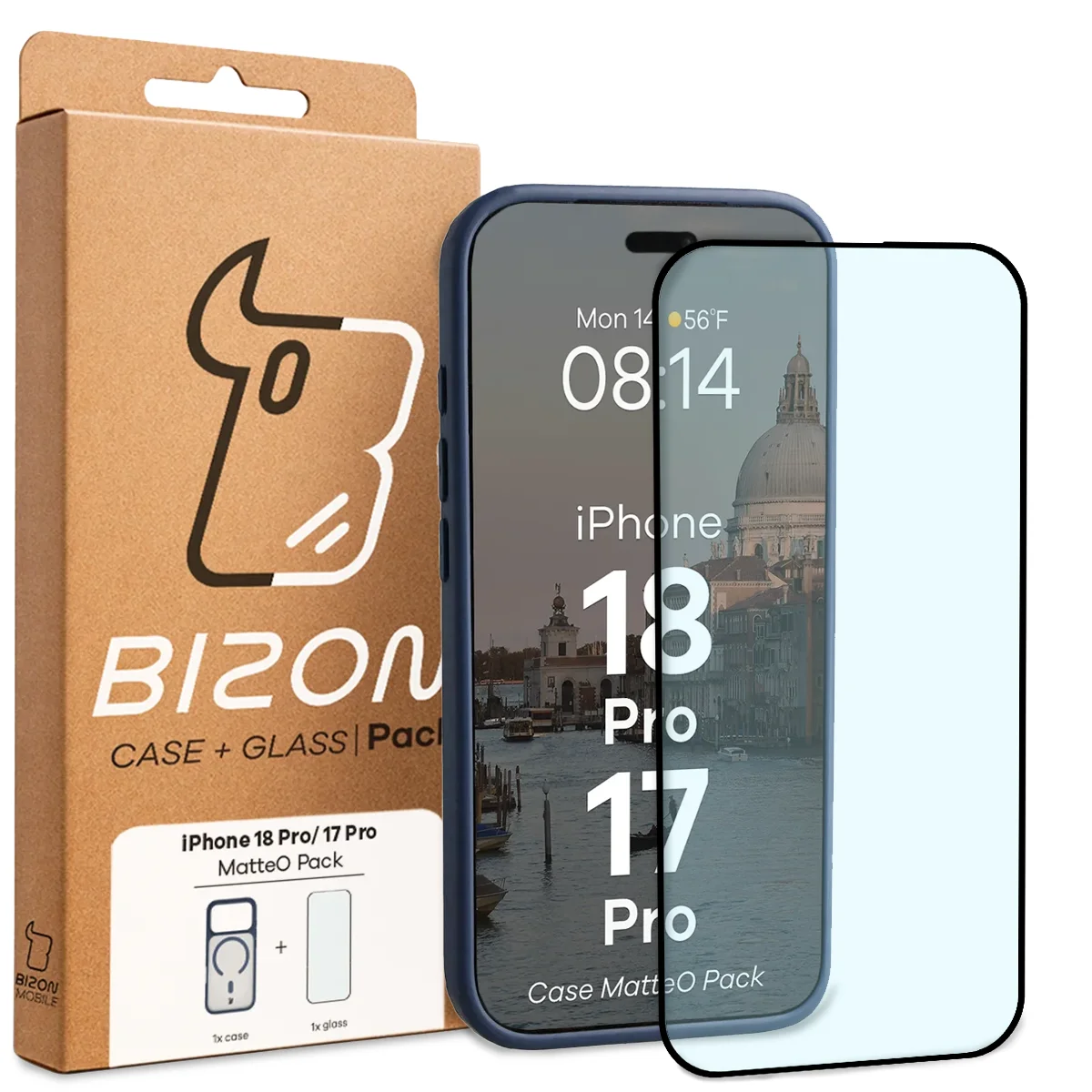 Przód pudełka Bizon Case Matteo Pack z dedykowaną etykietą do iPhone 18 Pro / 17 Pro