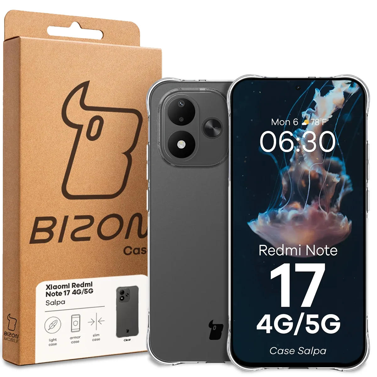 Przód pudełka Bizon Case z dedykowaną etykietą do Xiaomi Redmi Note 17 5G / 4G