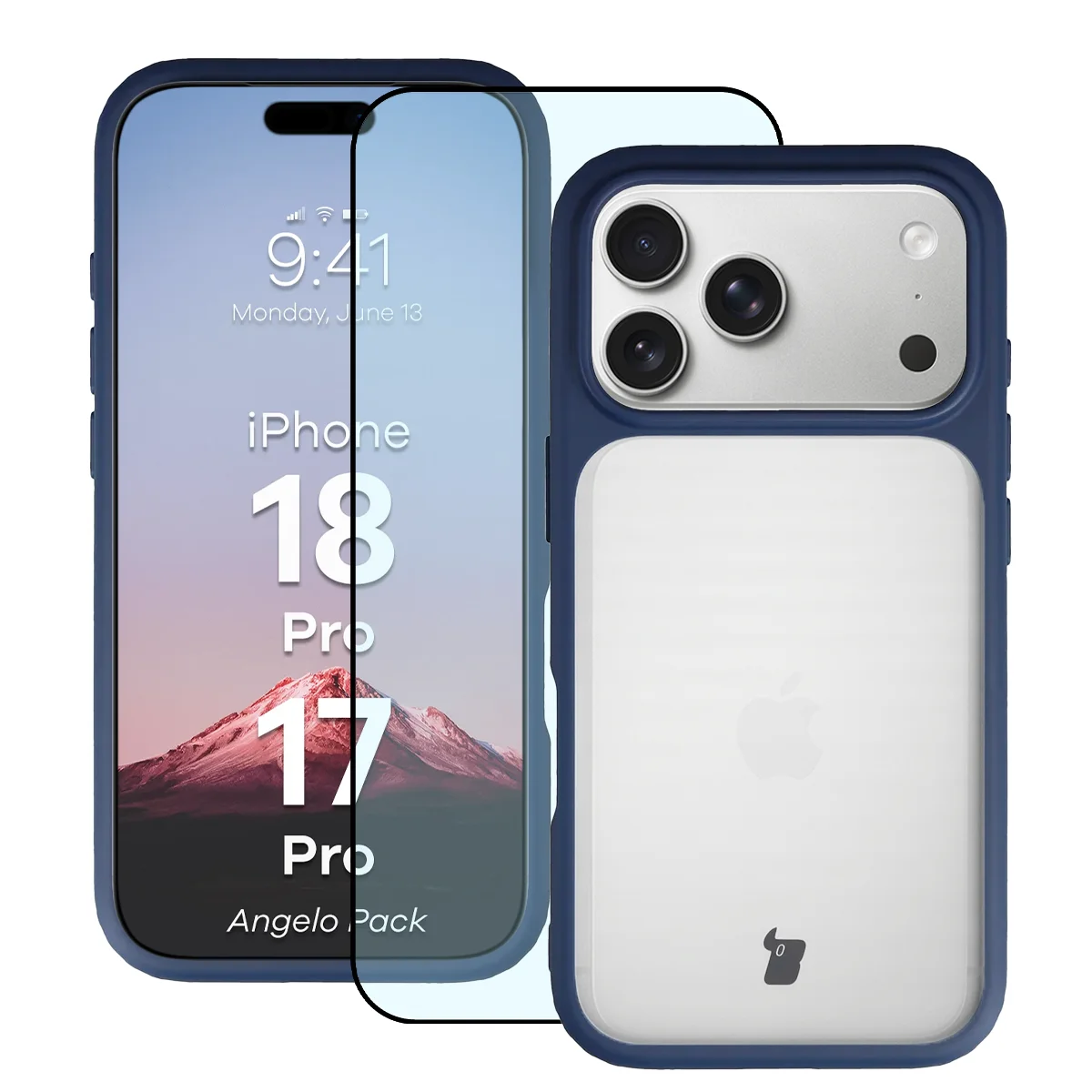 Przód pudełka Bizon Case Angelo Pack z dedykowaną etykietą do iPhone 18 Pro / 17 Pro
