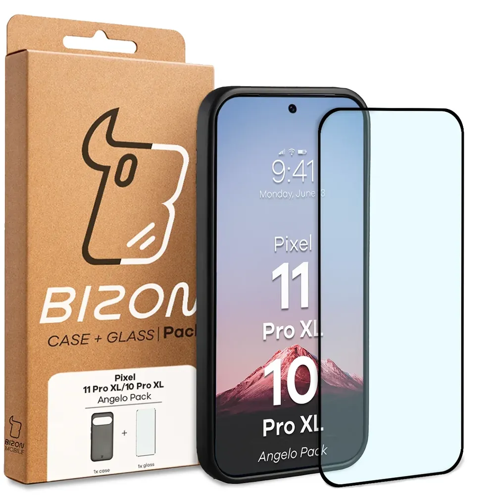 Przód pudełka Bizon Case Angelo Pack z dedykowaną etykietą do Google Pixel 10 Pro XL, Google Pixel 11 Pro XL