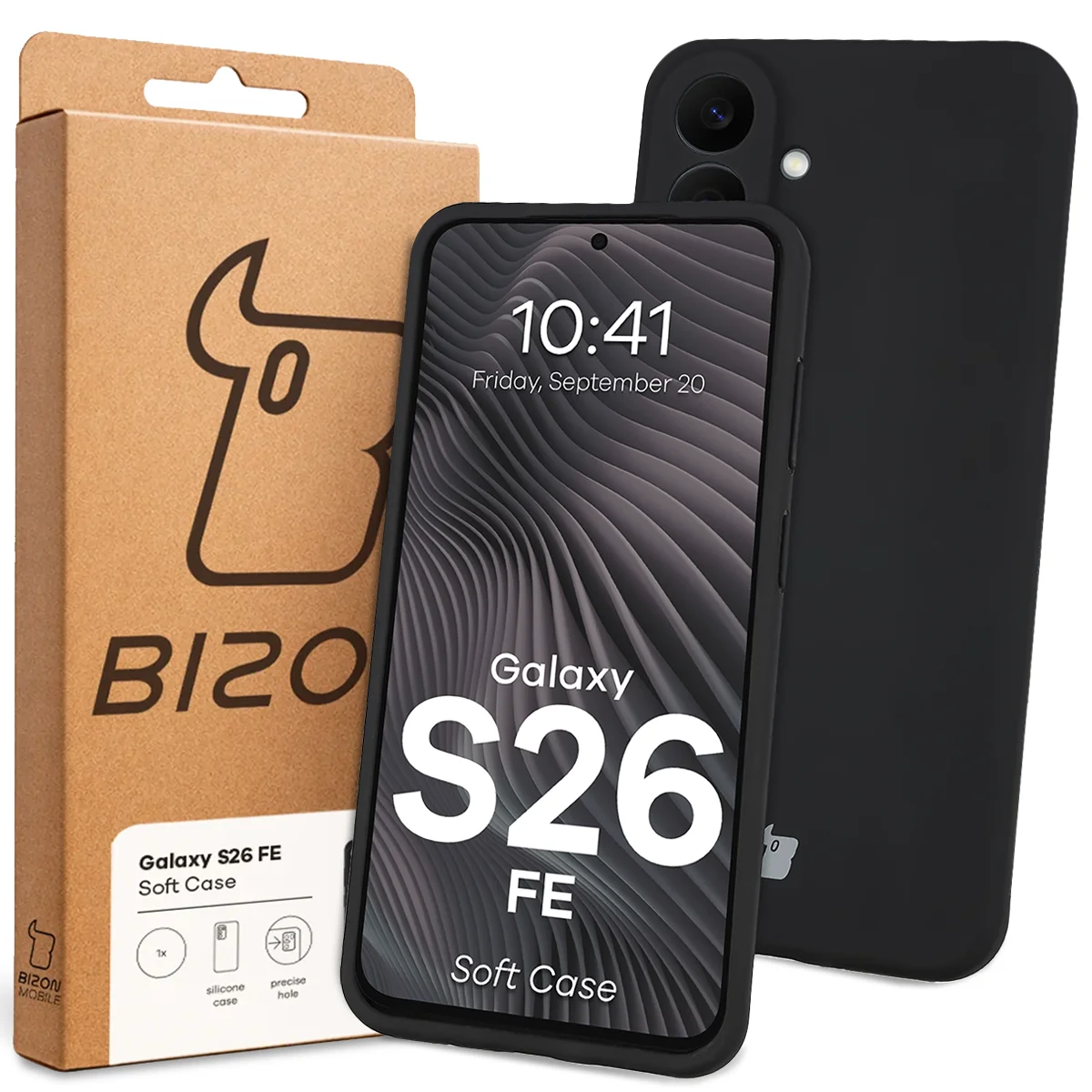 Przód pudełka Bizon Case z dedykowaną etykietą do Galaxy S26 FE