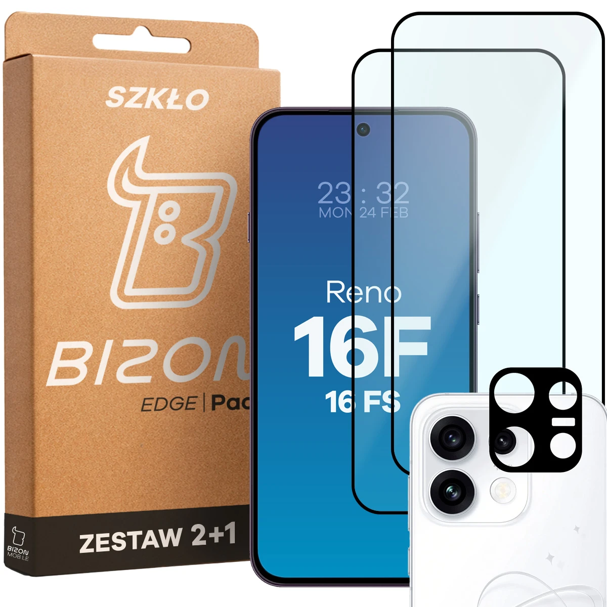 Pudełko i zestaw szkieł do OPPO Reno16 F, OPPO Reno16 FS: 2x szkło hartowane i lens