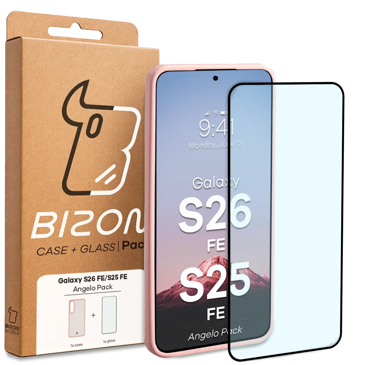 Przód pudełka Bizon Case Angelo Pack z dedykowaną etykietą do Galaxy S25 FE, Galaxy S26 FE