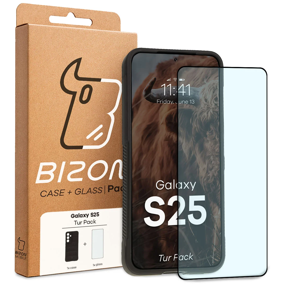 Przód pudełka Bizon Tur Pack z dedykowaną etykietą do Galaxy S25