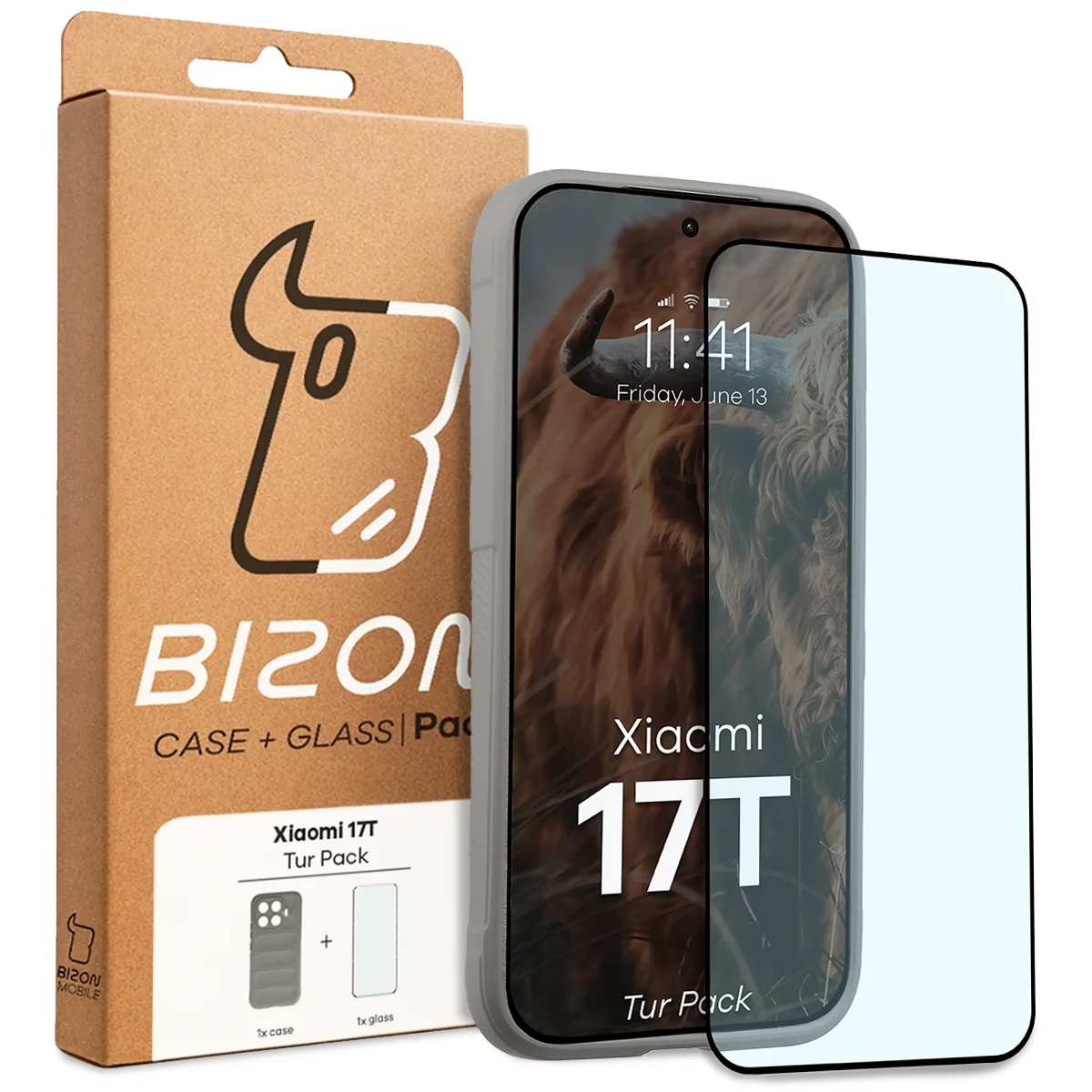 Przód pudełka Bizon Tur Pack z dedykowaną etykietą do Xiaomi 17T