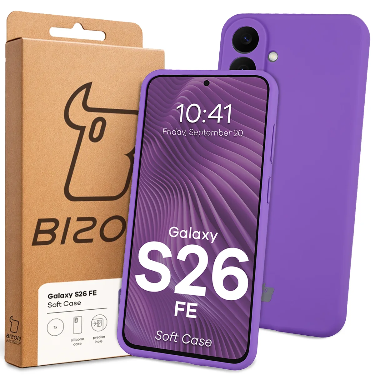 Przód pudełka Bizon Case z dedykowaną etykietą do Galaxy S26 FE