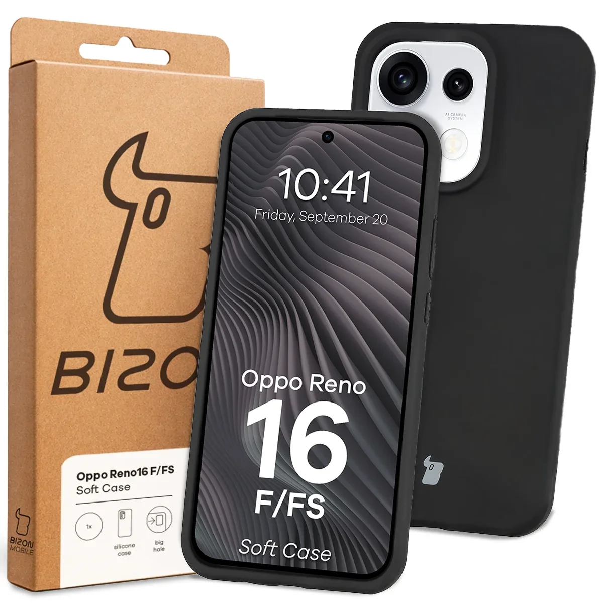 Przód pudełka Bizon Case z dedykowaną etykietą do OPPO Reno16 F, OPPO Reno16 FS