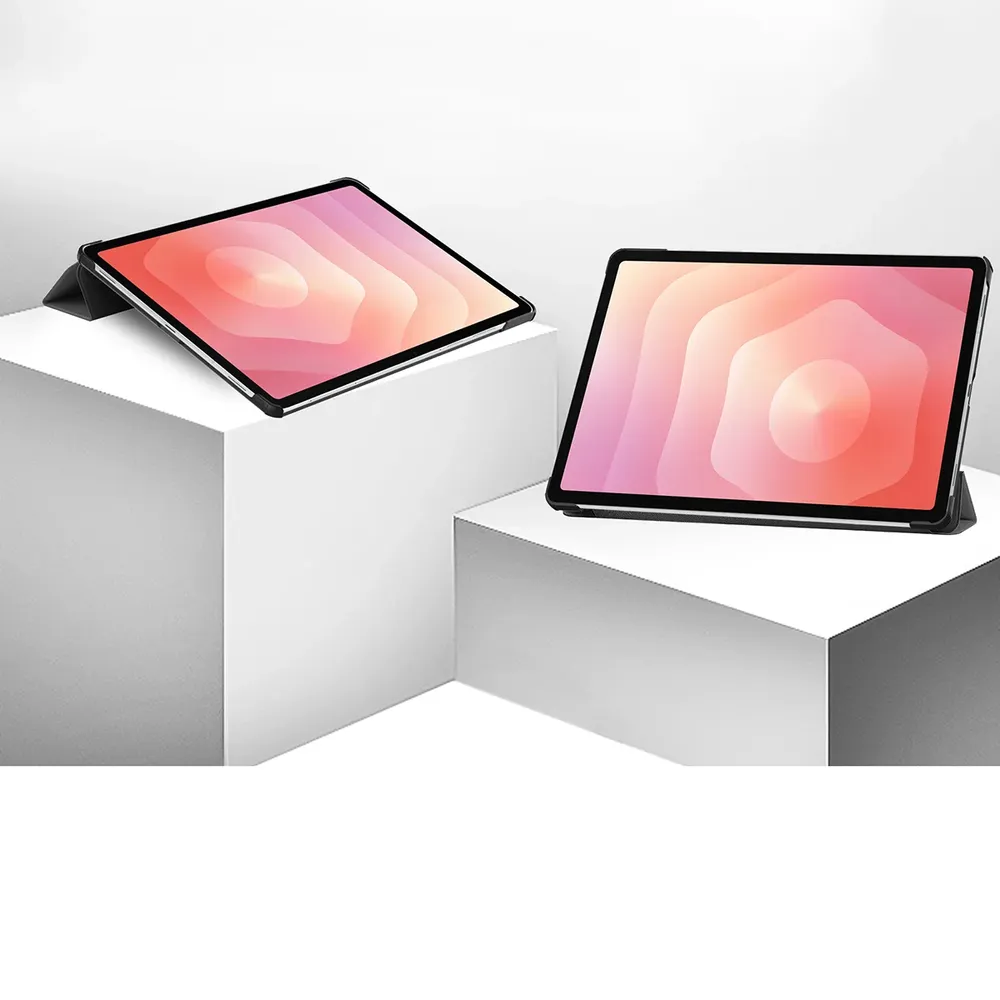 Etui z klapką Bizon Case Tab Croc na podstawkach ustawione pod dwoma kątami do Galaxy Tab S12 Plus