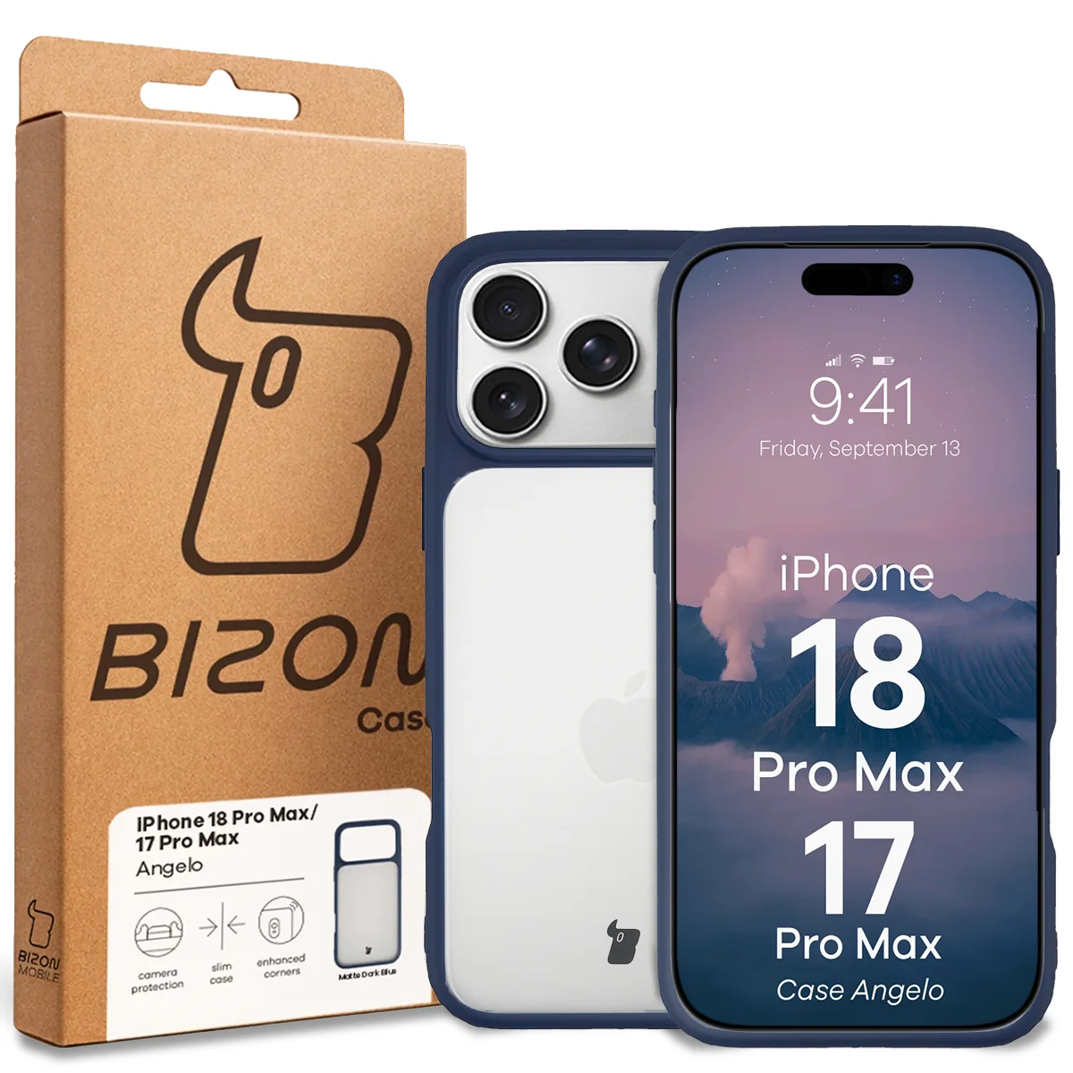 Przód pudełka Bizon Case z dedykowaną etykietą do iPhone 18 Pro Max / 17 Pro Max