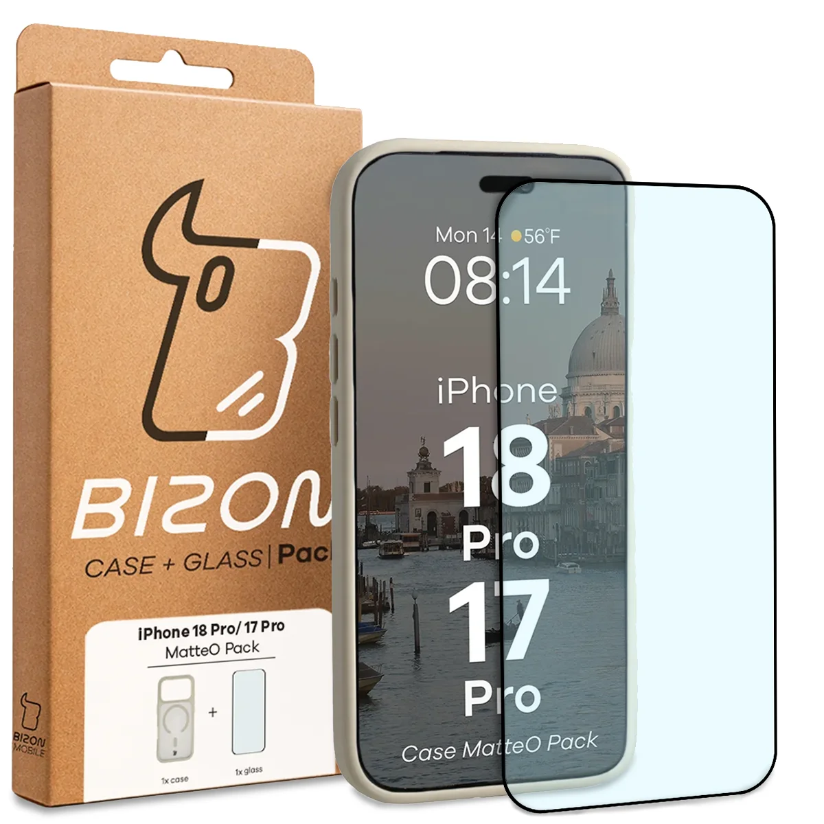 Przód pudełka Bizon Case Matteo Pack z dedykowaną etykietą do iPhone 18 Pro / 17 Pro