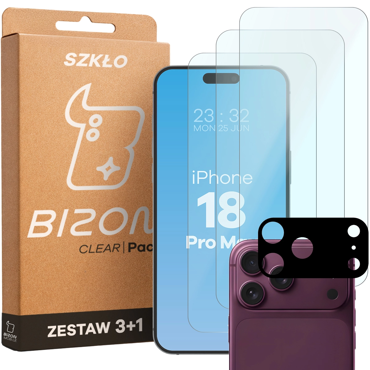 Pudełko i zestaw szkieł do iPhone 18 Pro Max: 3x szkło hartowane i lens