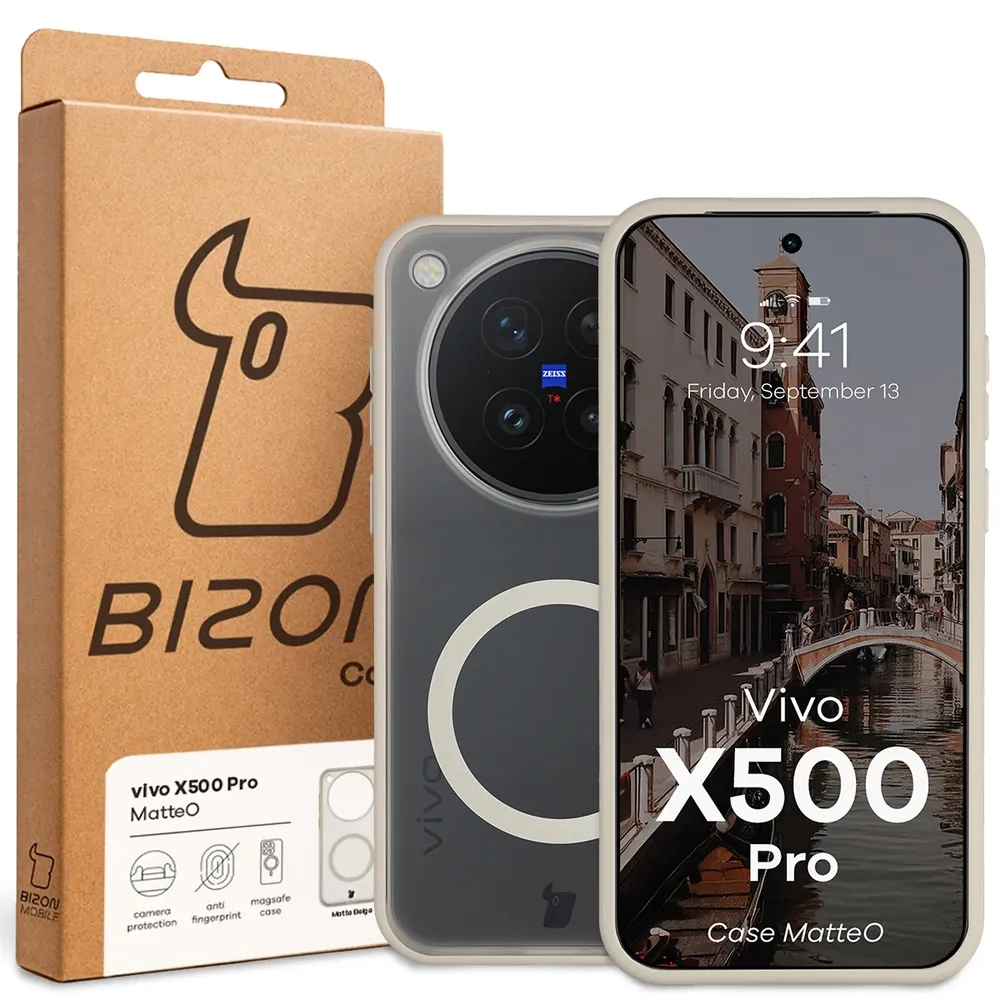 Przód pudełka Bizon Case z dedykowaną etykietą do Vivo X500 Pro