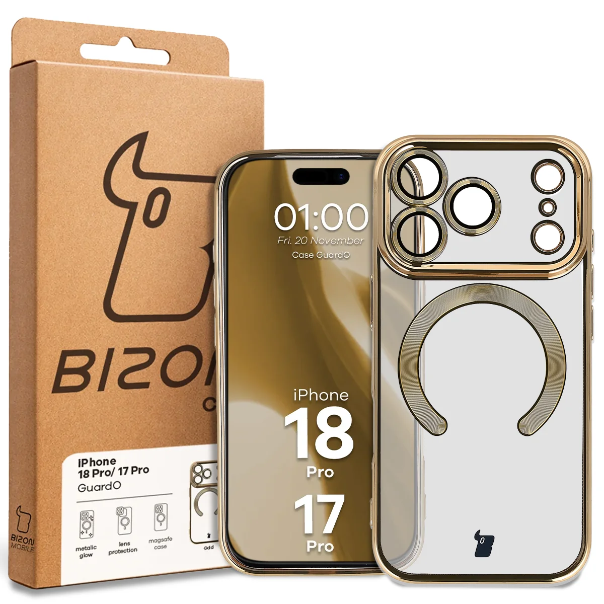 Przód pudełka Bizon Case z dedykowaną etykietą do iPhone 18 Pro / 17 Pro