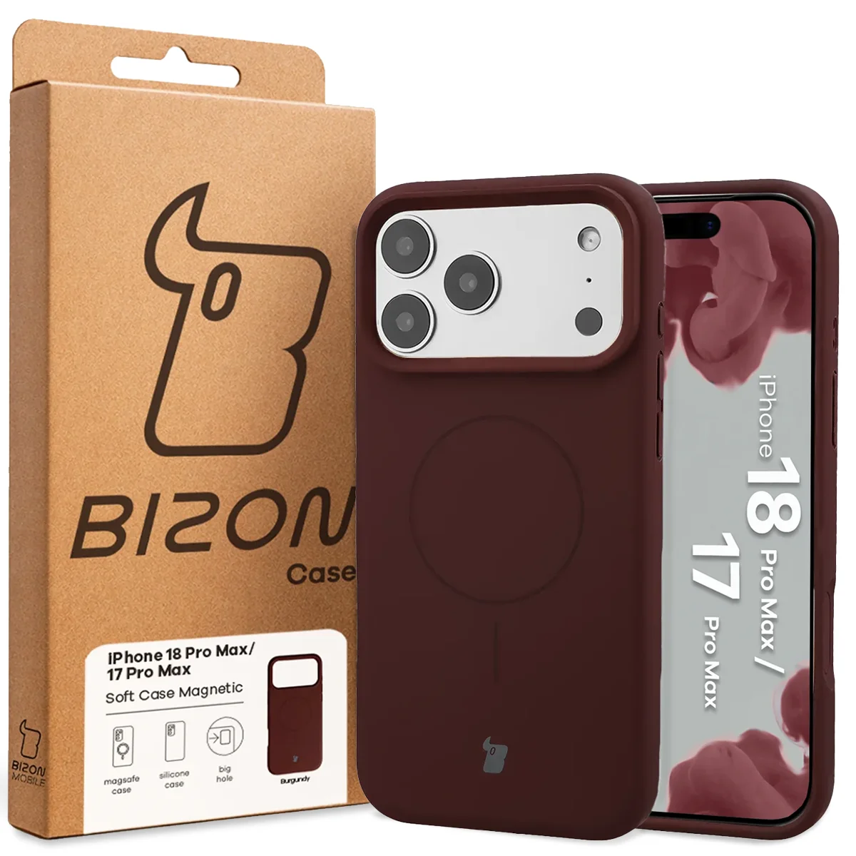 Przód pudełka Bizon Case z dedykowaną etykietą do iPhone 18 Pro Max / 17 Pro Max
