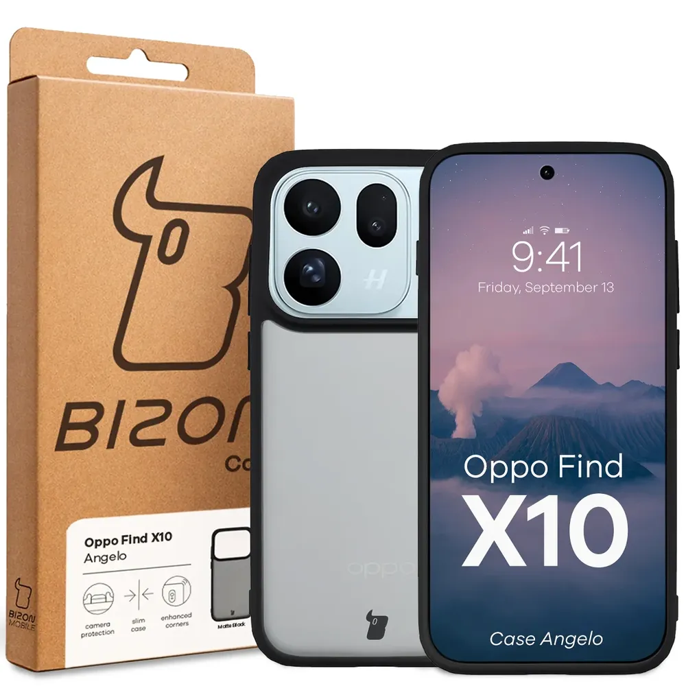 Przód pudełka Bizon Case z dedykowaną etykietą do OPPO Find X10