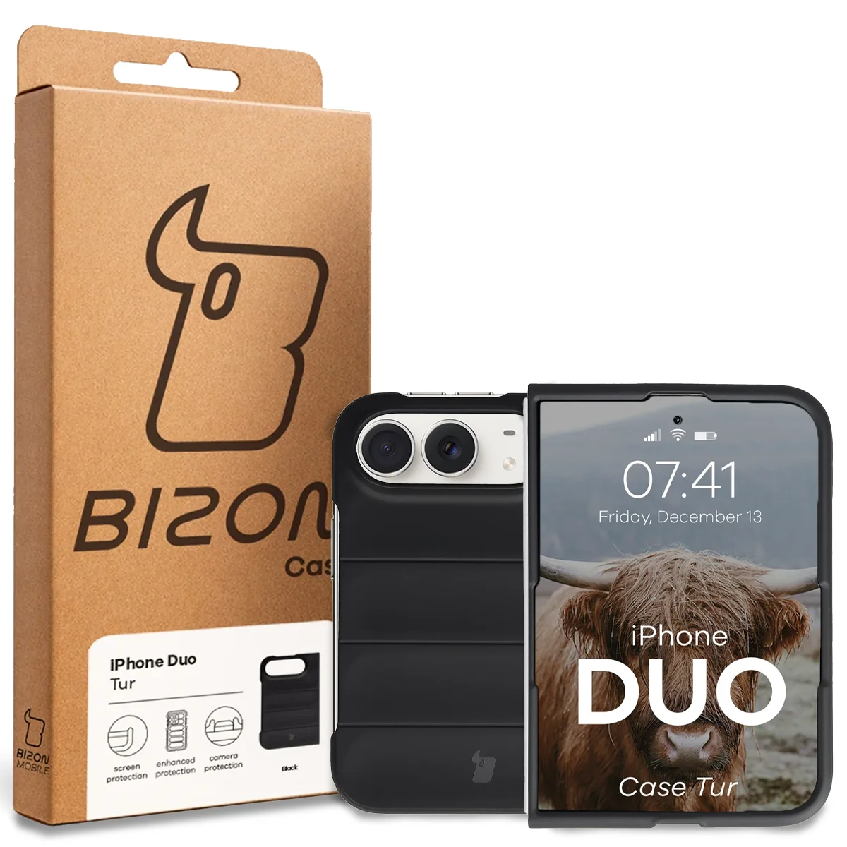 Przód pudełka Bizon Case z dedykowaną etykietą do iPhone Duo