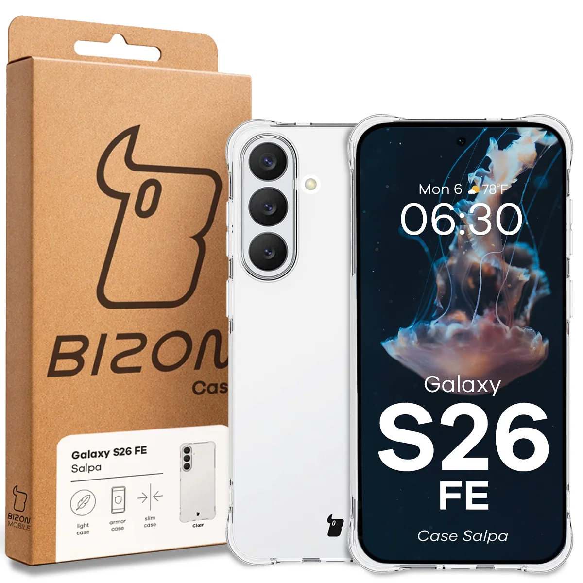 Przód pudełka Bizon Case z dedykowaną etykietą do Galaxy S26 FE