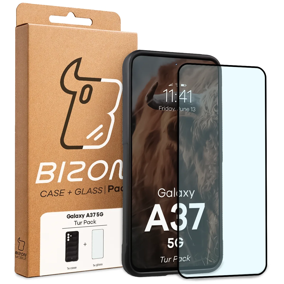Przód pudełka Bizon Tur Pack z dedykowaną etykietą do Galaxy A37 5G