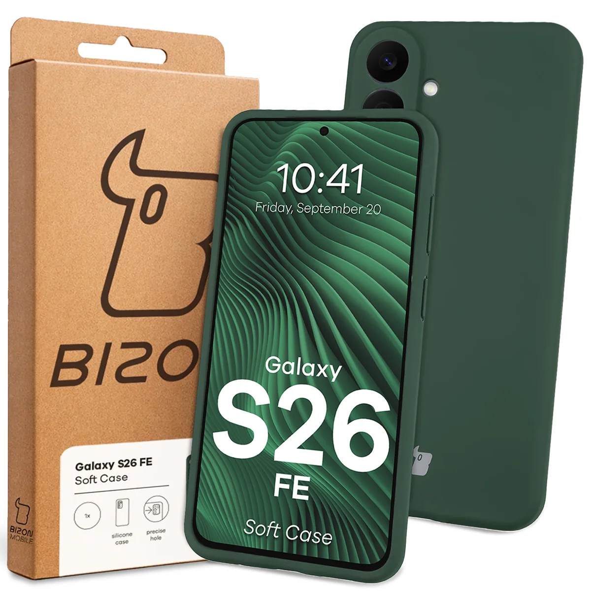 Przód pudełka Bizon Case z dedykowaną etykietą do Galaxy S26 FE