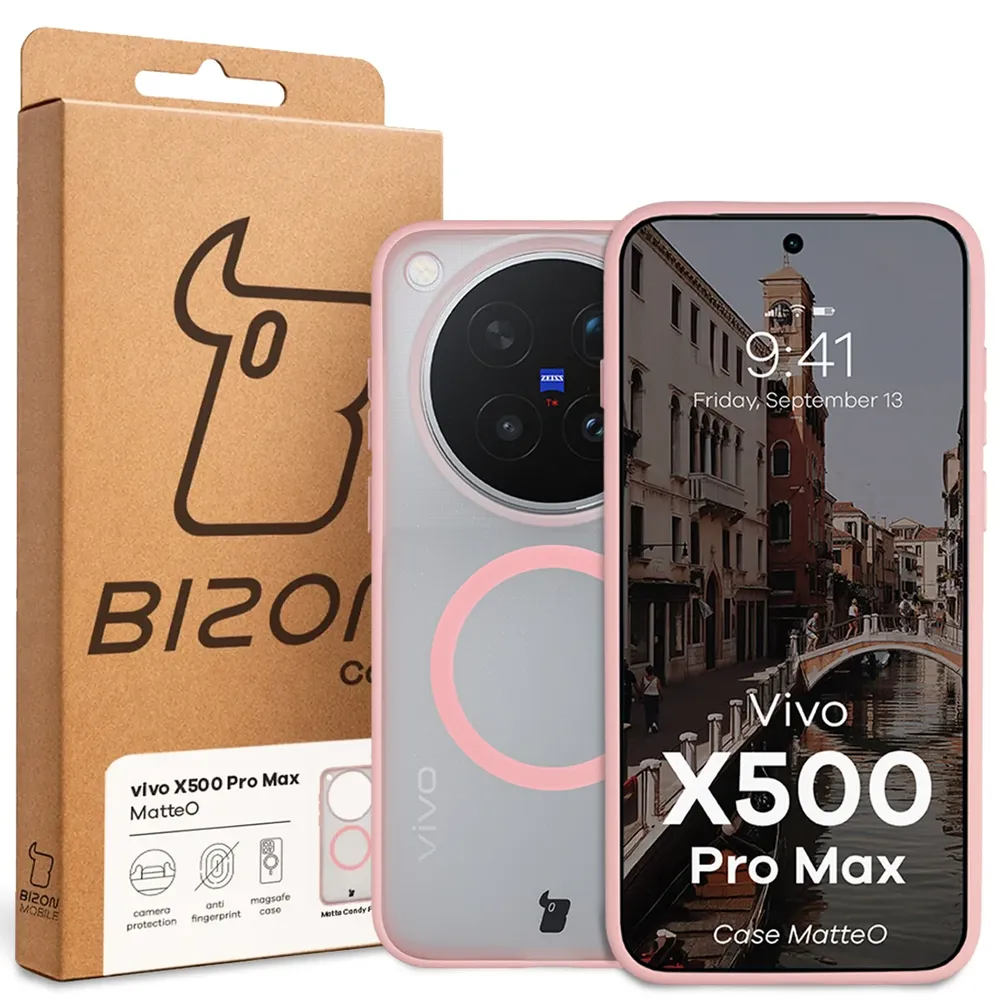 Przód pudełka Bizon Case z dedykowaną etykietą do Vivo X500 Pro Max