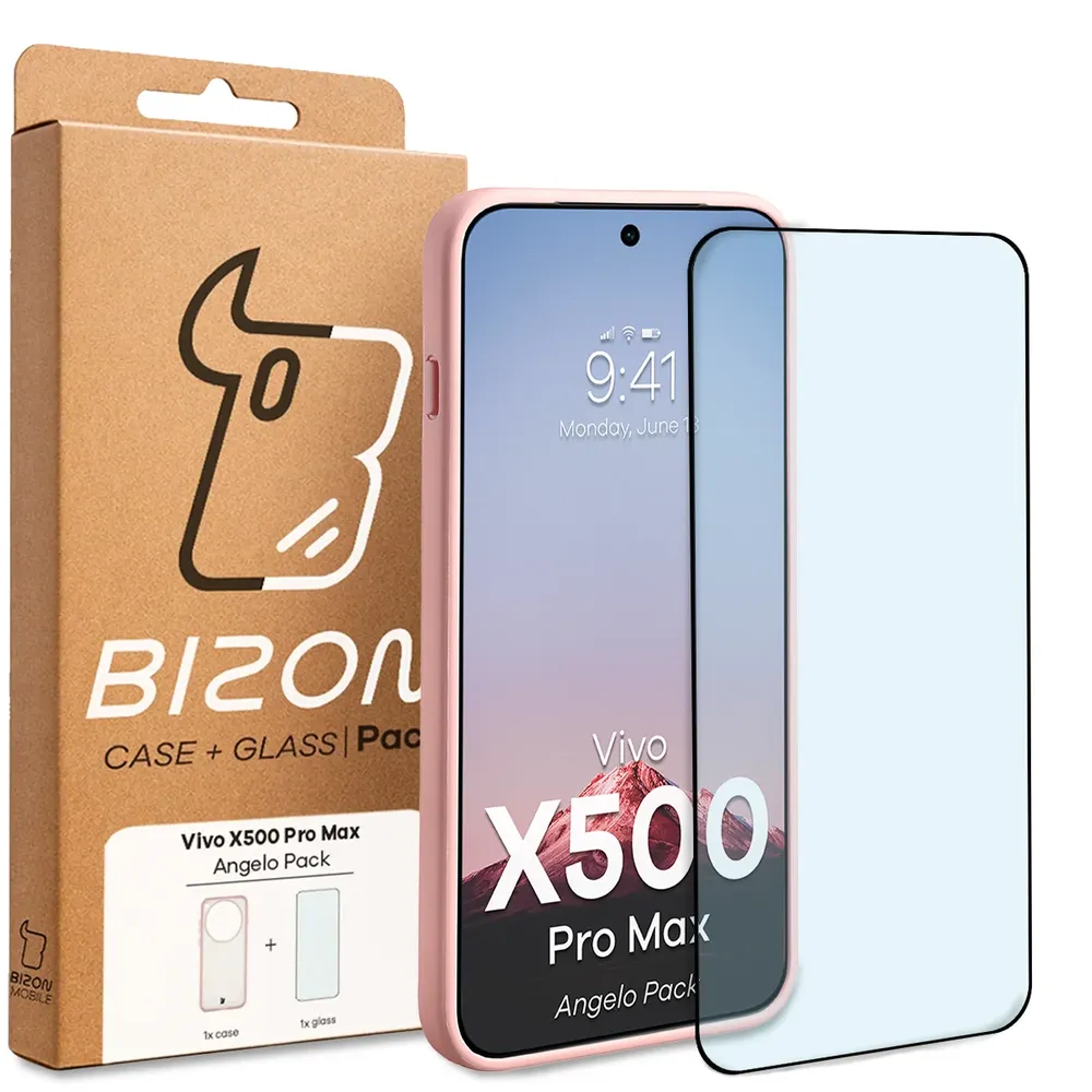 Przód pudełka Bizon Case Angelo Pack z dedykowaną etykietą do Vivo X500 Pro Max