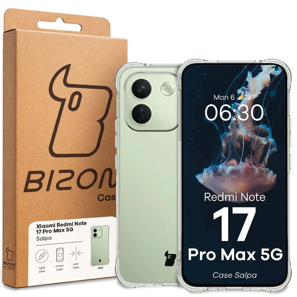 Przód pudełka Bizon Case z dedykowaną etykietą do Xiaomi Redmi Note 17 Pro Max 5G