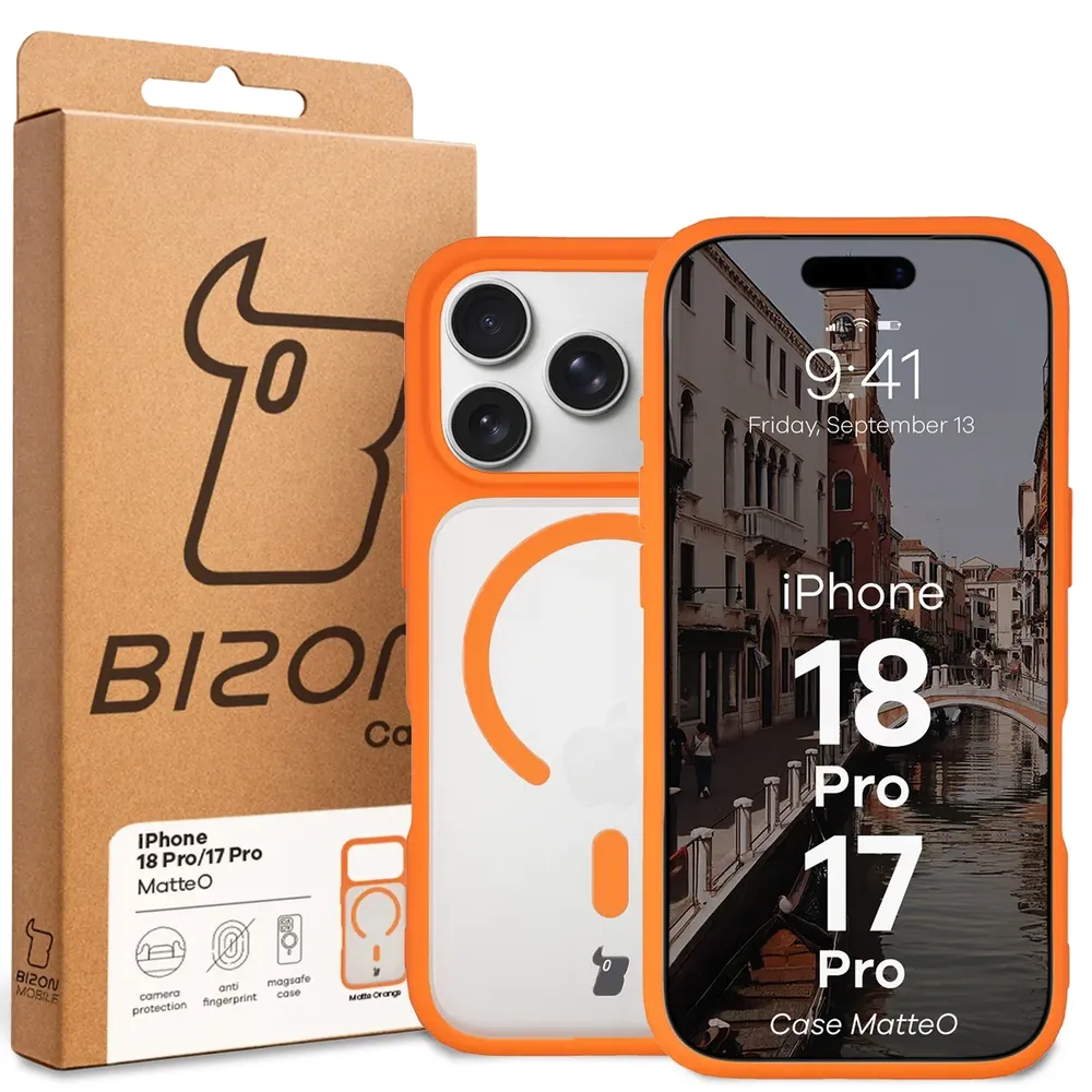 Przód pudełka Bizon Case z dedykowaną etykietą do iPhone 18 Pro / 17 Pro