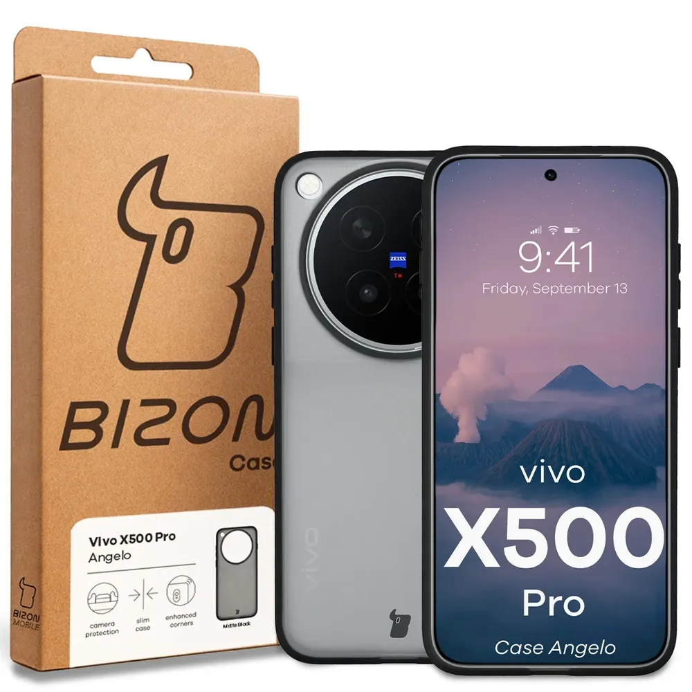 Przód pudełka Bizon Case z dedykowaną etykietą do Vivo X500 Pro