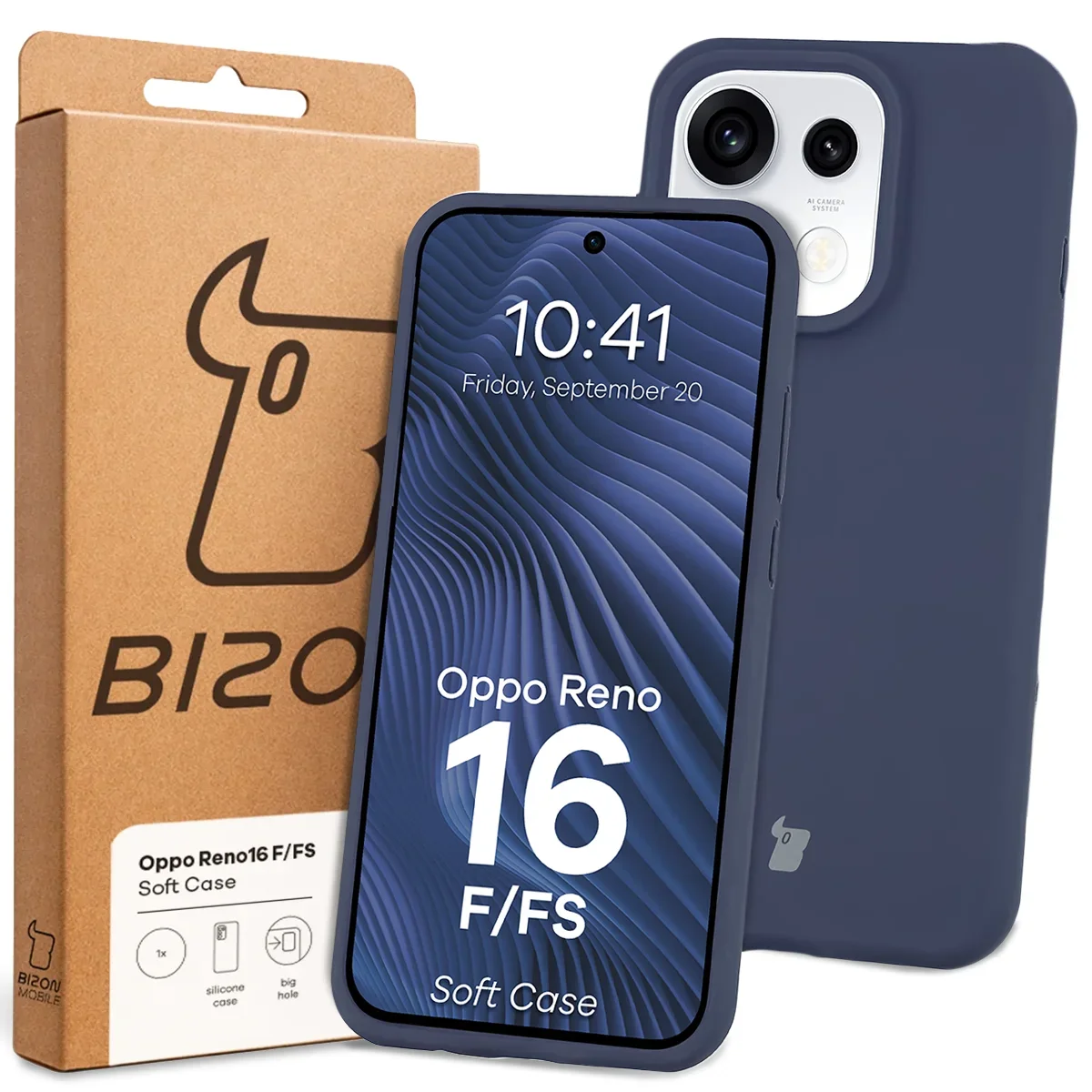 Przód pudełka Bizon Case z dedykowaną etykietą do OPPO Reno16 F, OPPO Reno16 FS