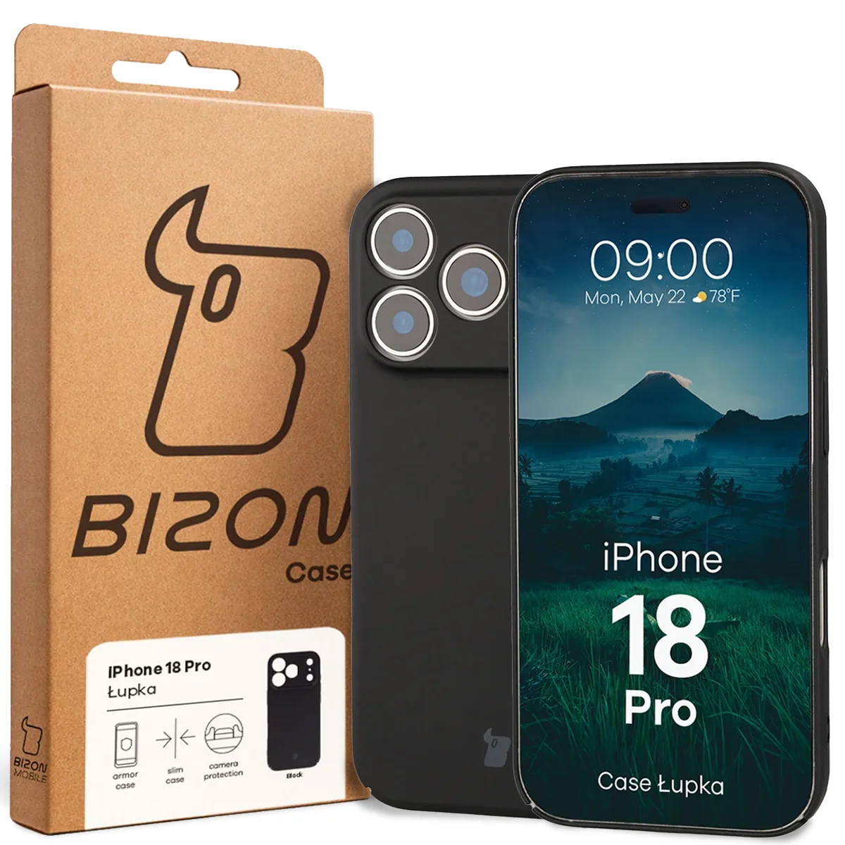 Przód pudełka Bizon Case z dedykowaną etykietą do iPhone 18 Pro