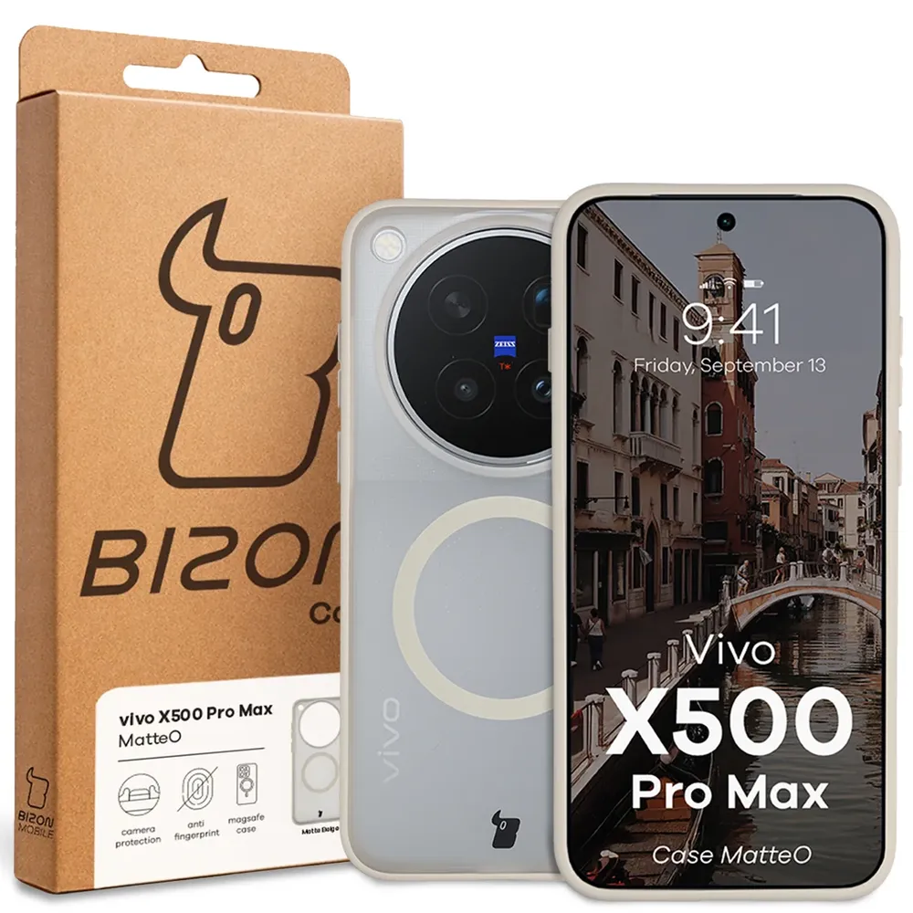 Przód pudełka Bizon Case z dedykowaną etykietą do Vivo X500 Pro Max