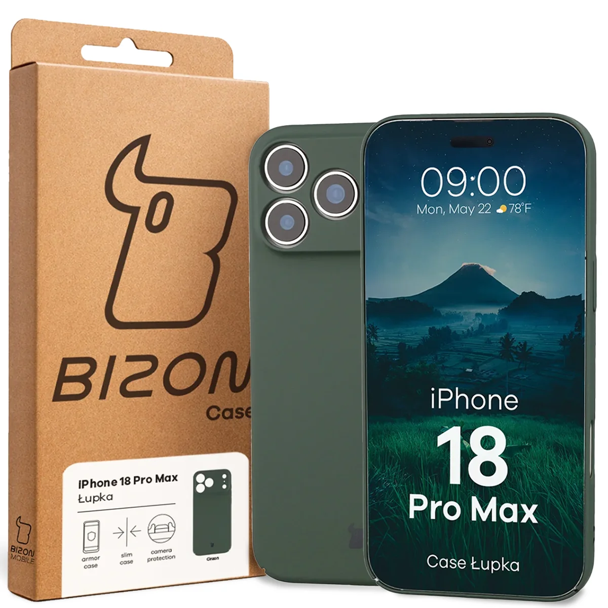 Przód pudełka Bizon Case z dedykowaną etykietą do iPhone 18 Pro Max