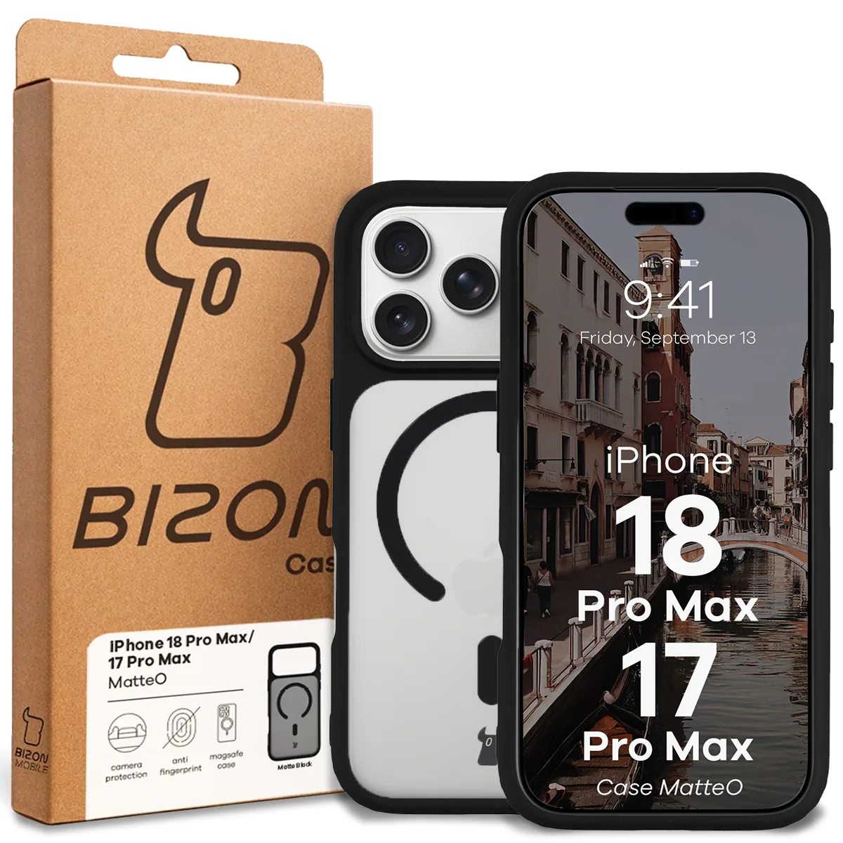 Przód pudełka Bizon Case z dedykowaną etykietą do iPhone 18 Pro Max / 17 Pro Max