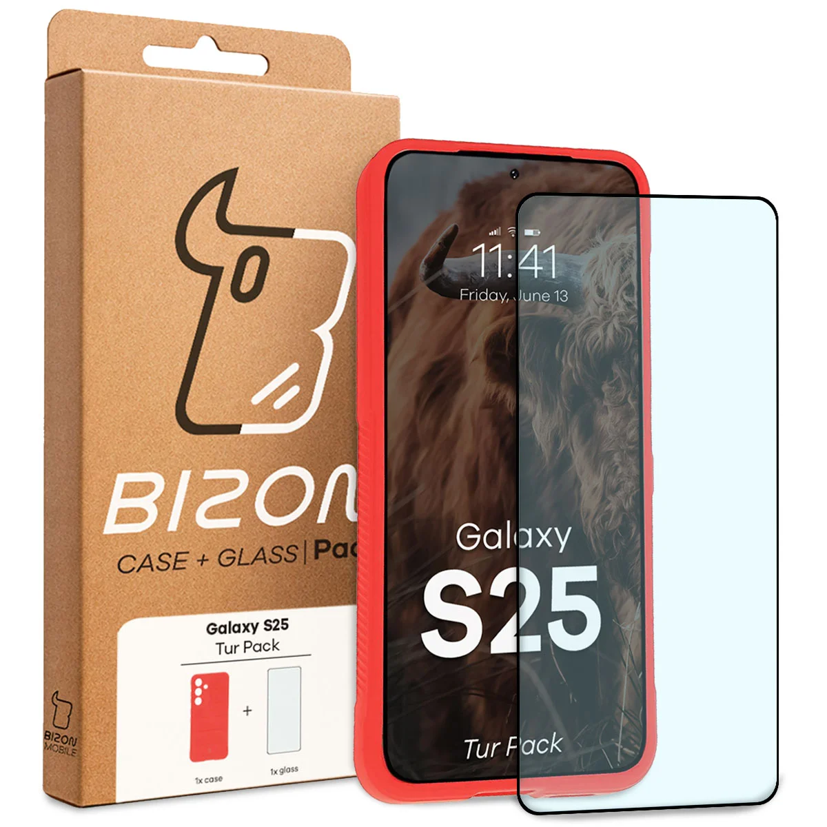 Przód pudełka Bizon Tur Pack z dedykowaną etykietą do Galaxy S25