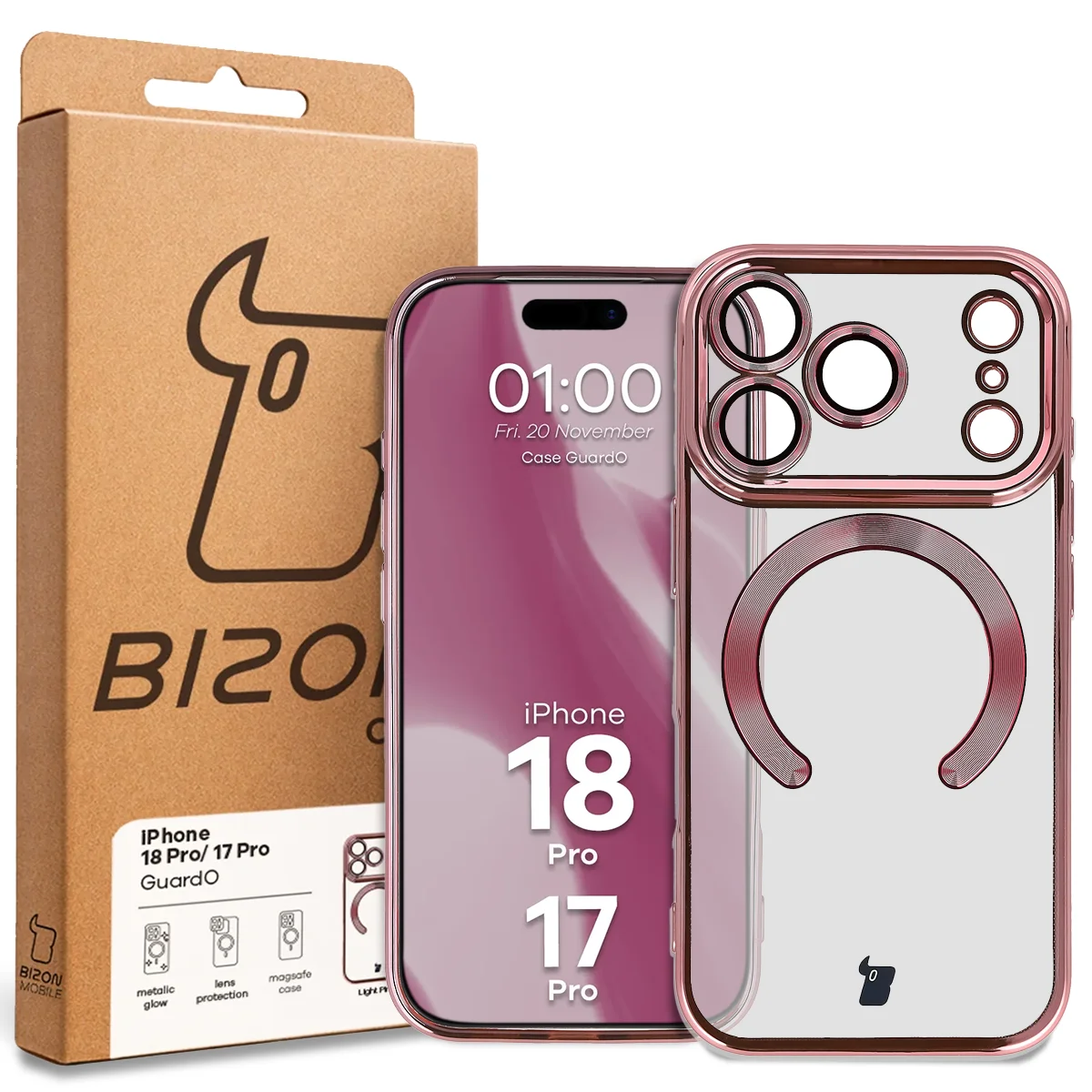 Przód pudełka Bizon Case z dedykowaną etykietą do iPhone 18 Pro / 17 Pro